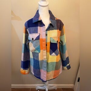 Onia Cobalt Multi Madras Check Plaid Blanket Shacket Yellow Orange Pink Medium